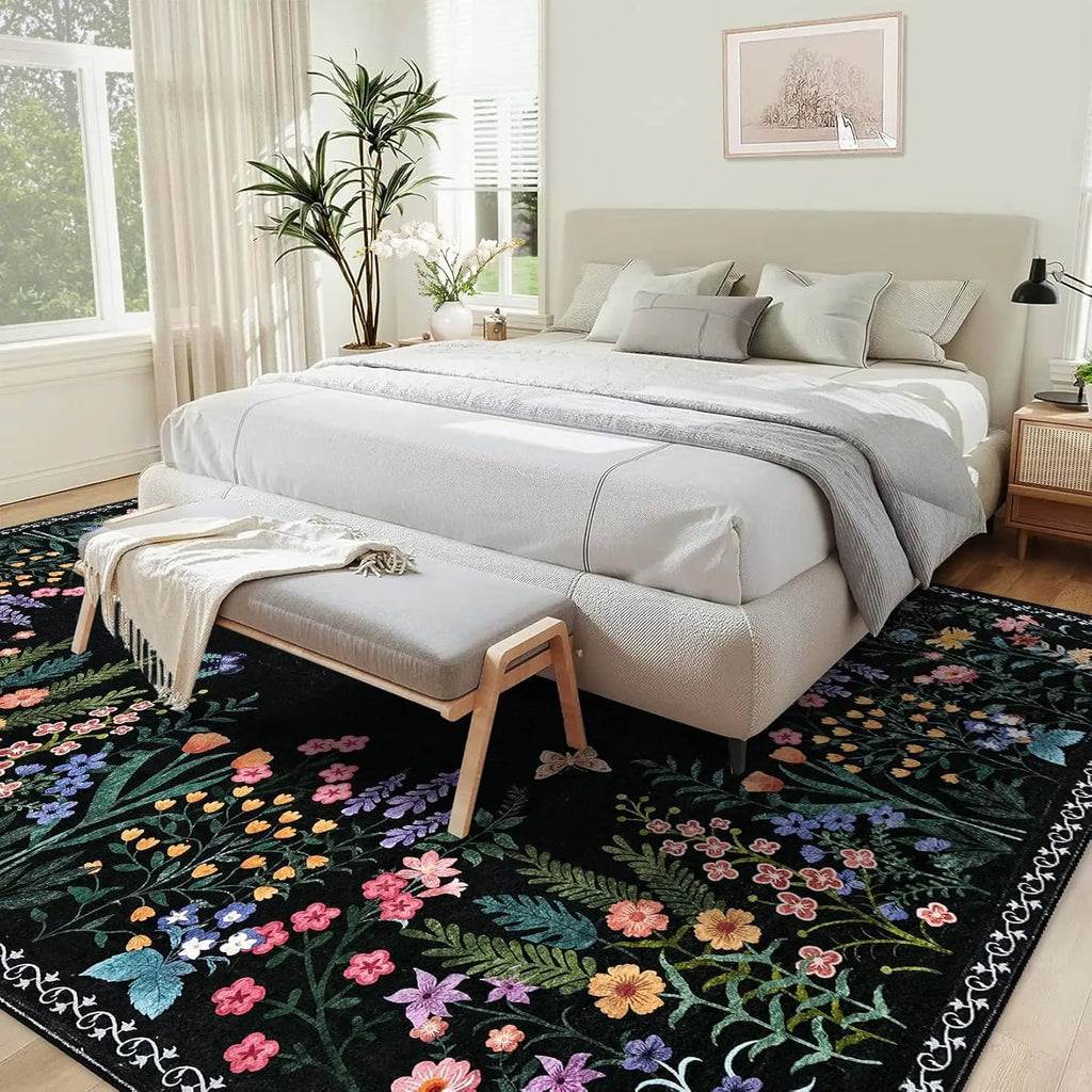 Boho Washable Floral Room Rugs, Non-Slip Soft