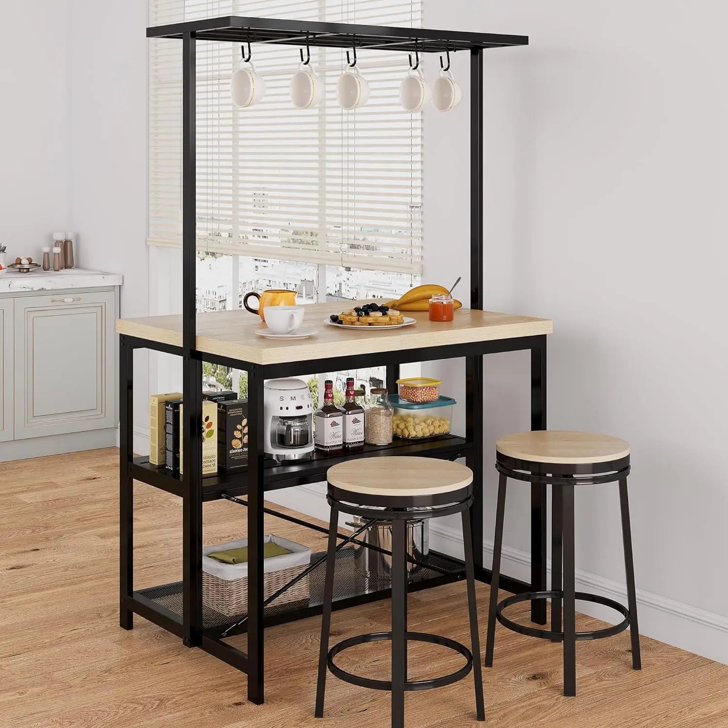 Bakers Rack with Power Outlet, Island Table
