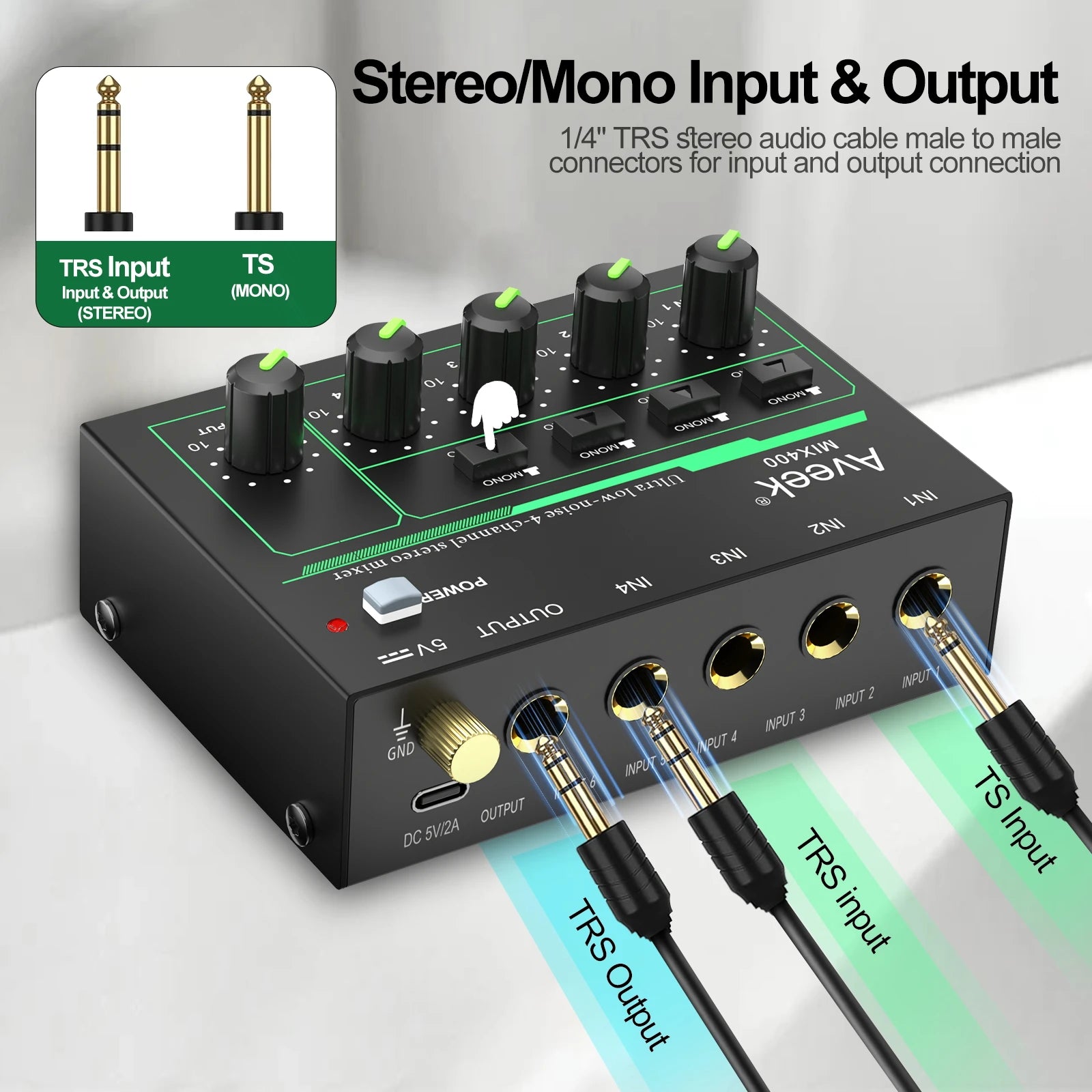 Aveek 4 Channel Mixer - Mini 4 Stereo,1/4" TRS Input/Output Ideal for Mics