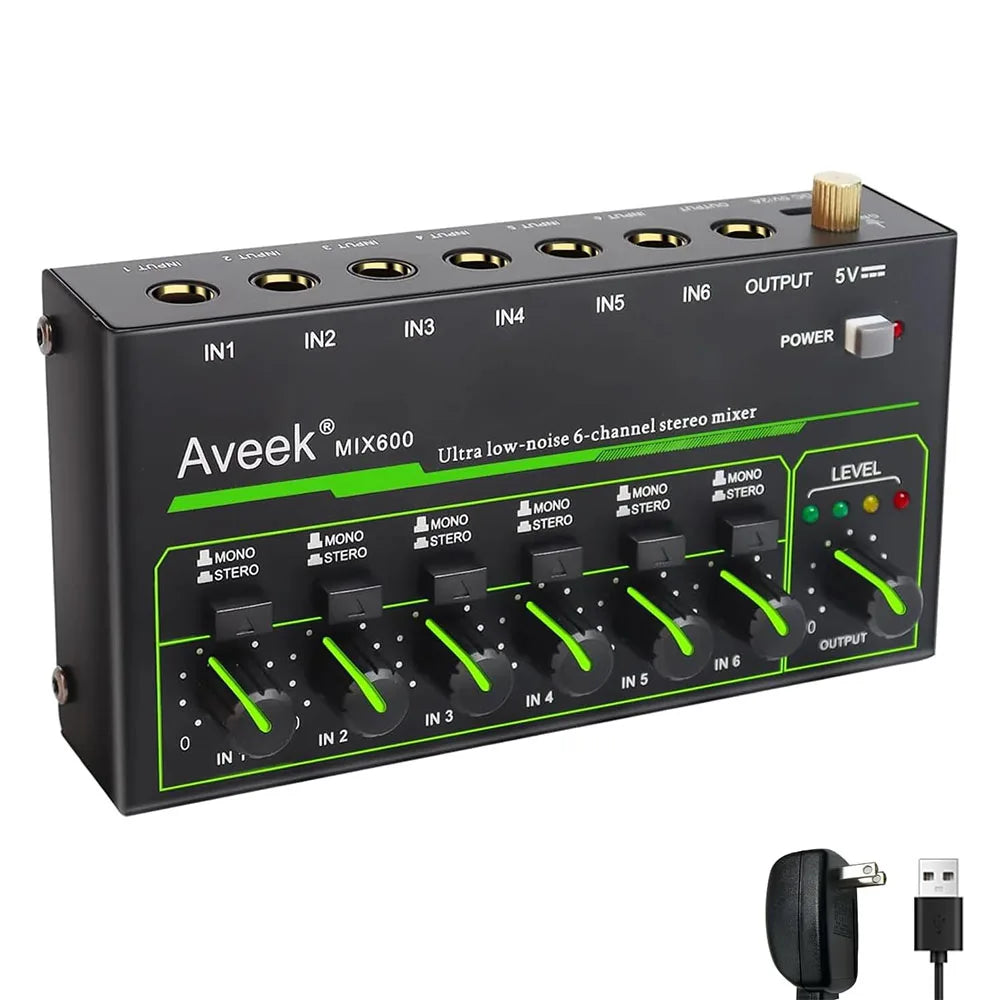 Aveek 6 Channel Mixer - Mini 6 Stereo Audio, Low-Noise