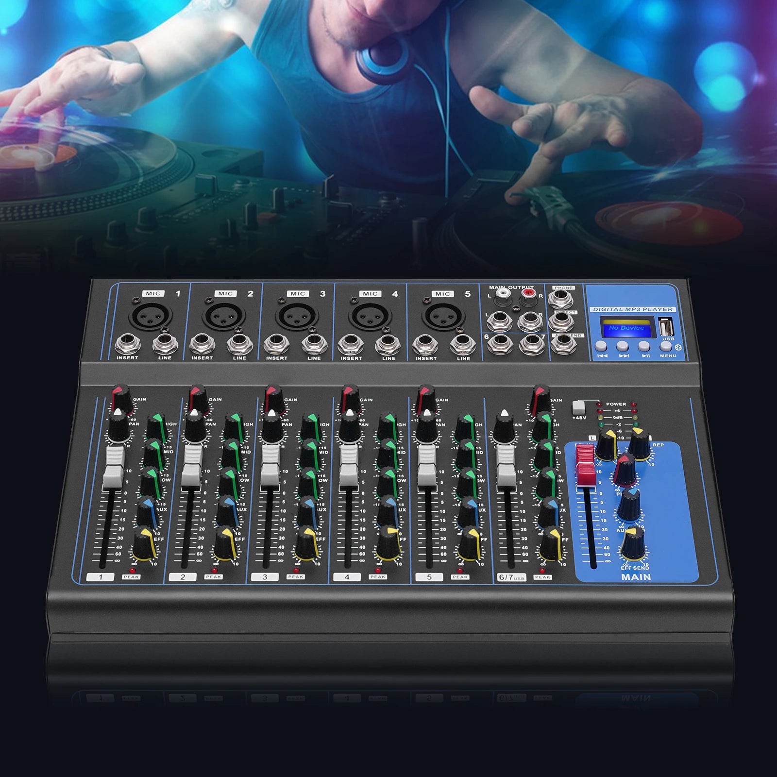 Professional 7-Channel Audio Mixer with Bluetooth