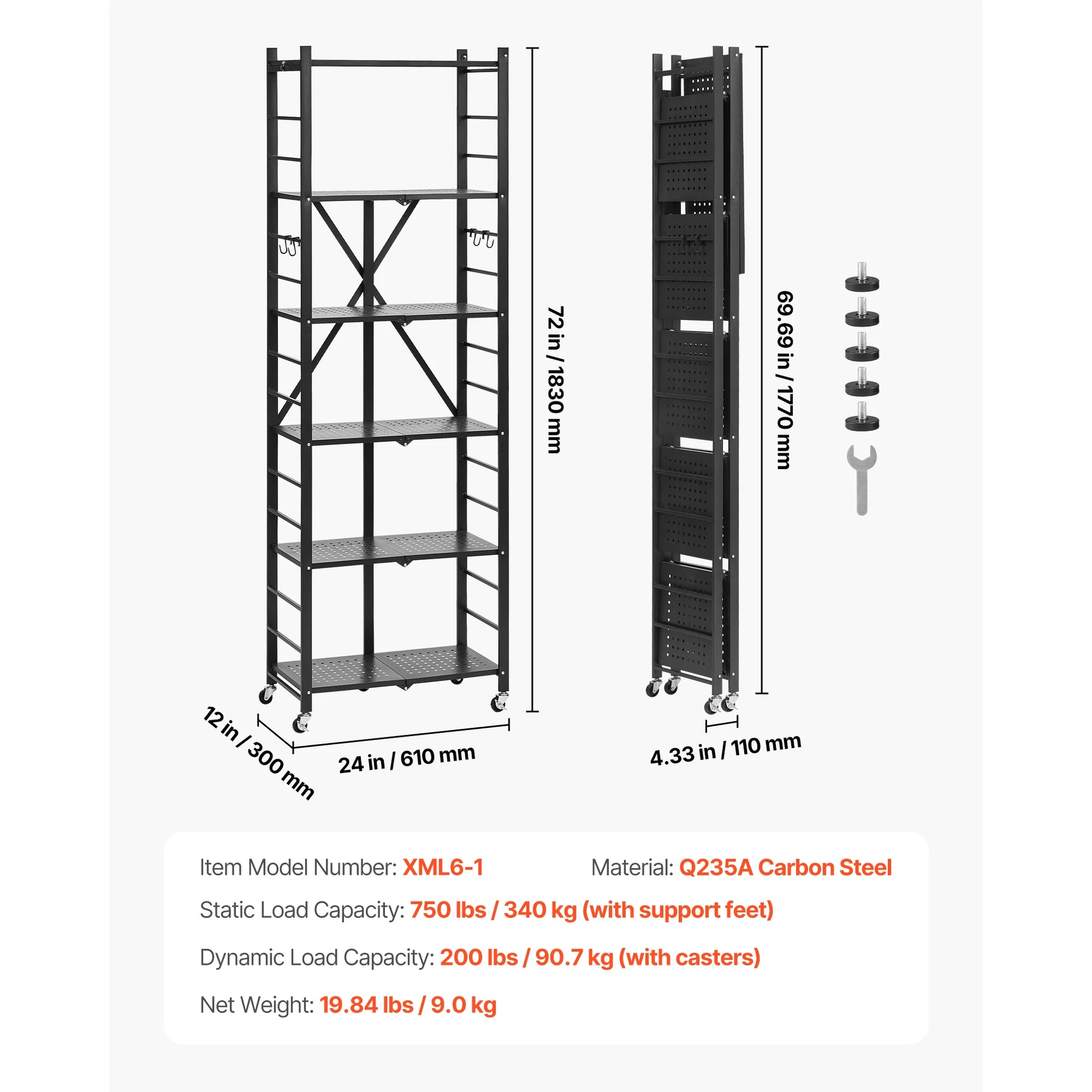 3/4/5/6 Tier Black Foldable Storage Shelf with Wheels