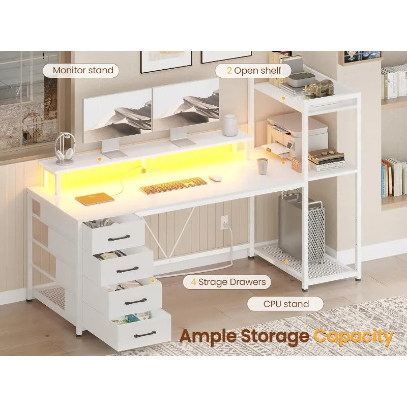 SEDETA 55" Computer Desk with storage, Lights & Power Outlets,