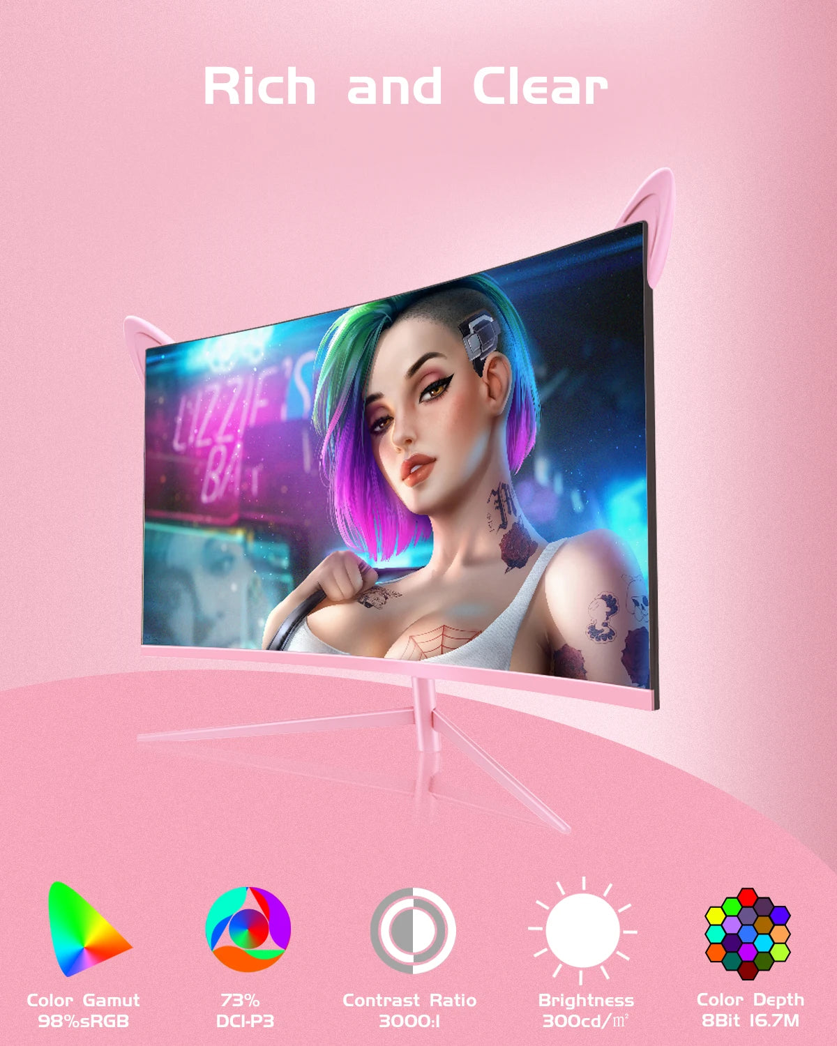 27inch Curved Pink Monitor With Speakers Tilt Adjustable