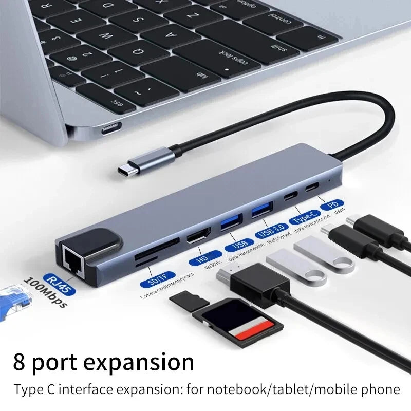 8 in 1 USB C Hub Type C to 4K Adapter Card Reader Fast Charger