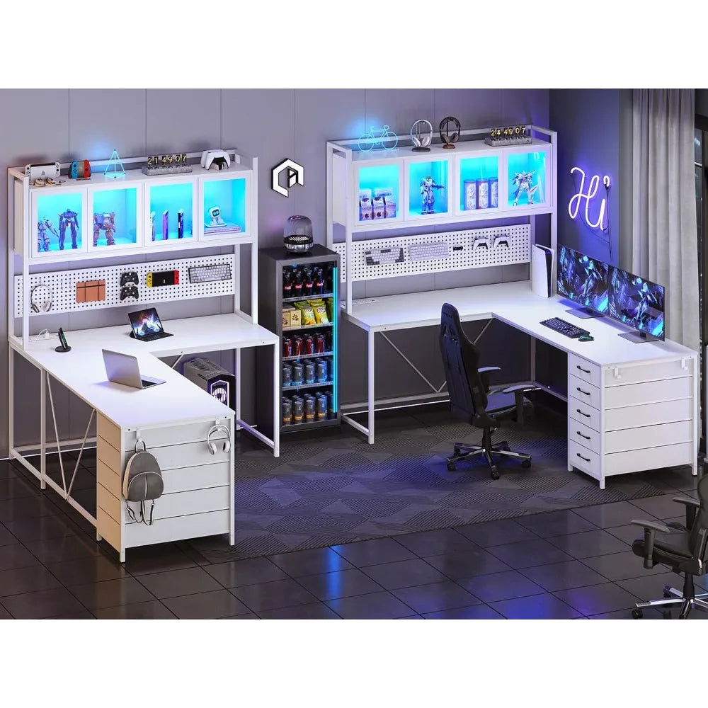 L Shaped Computer Desk with Led Lights, and Power Outlet