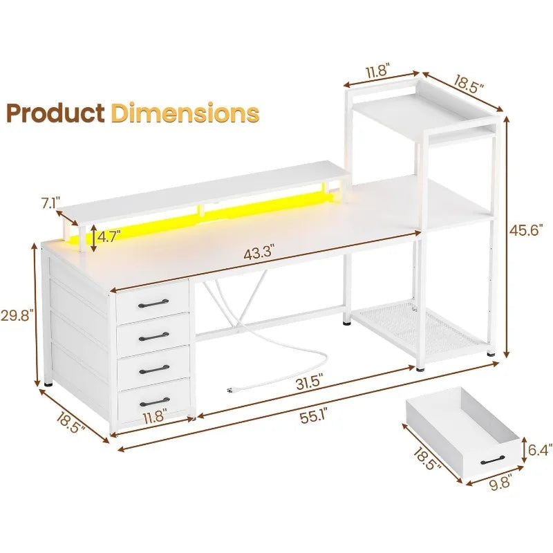 SEDETA 55" Computer Desk with storage, Lights & Power Outlets,