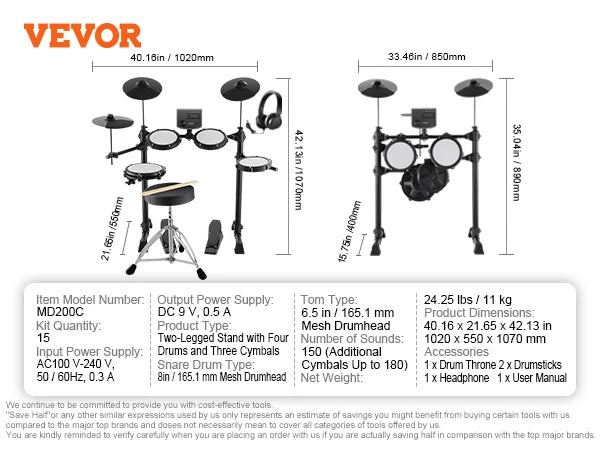 SucceBuy Electric Drum Set 15 Drum Kits w/150 Sounds