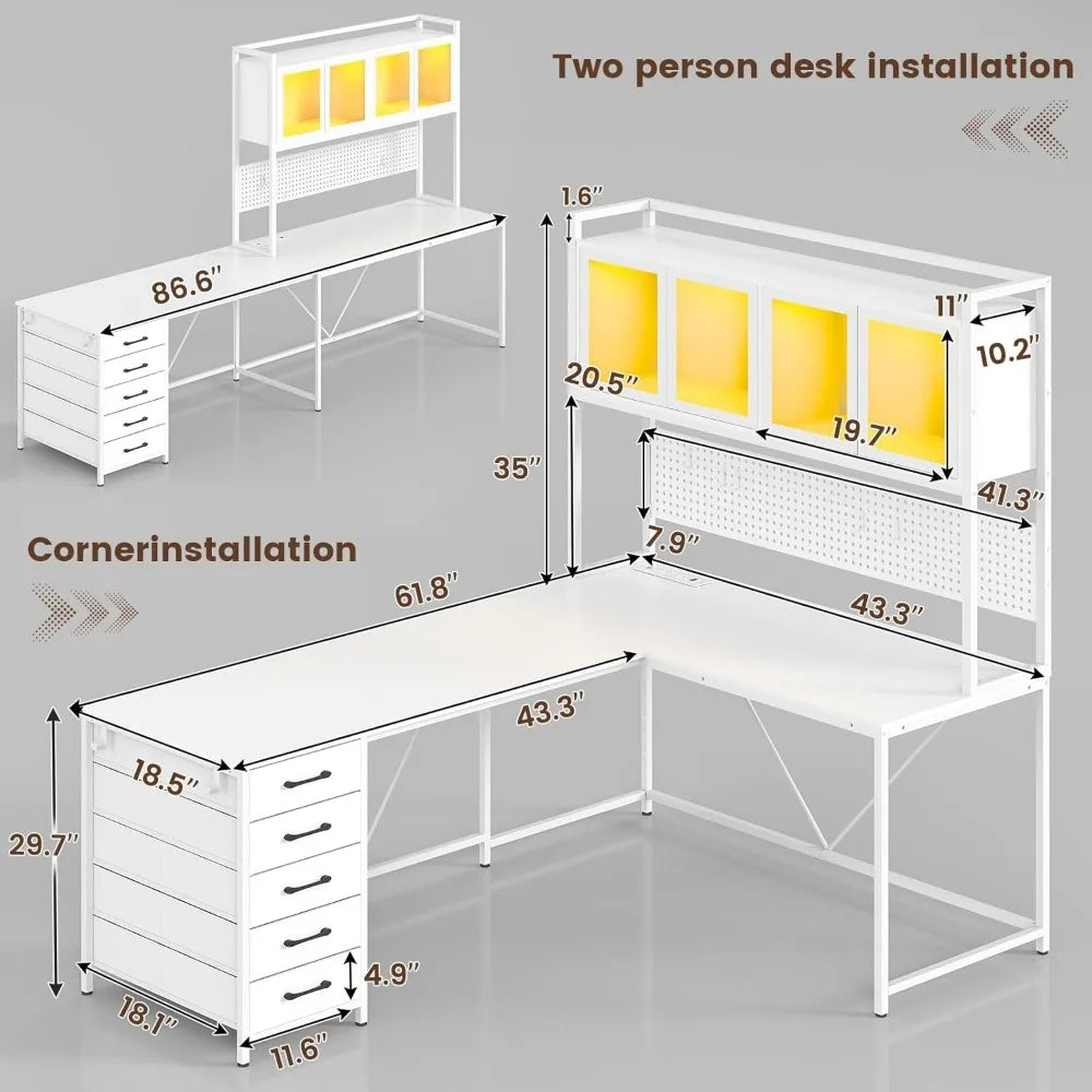L Shaped Computer Desk with Led Lights, and Power Outlet