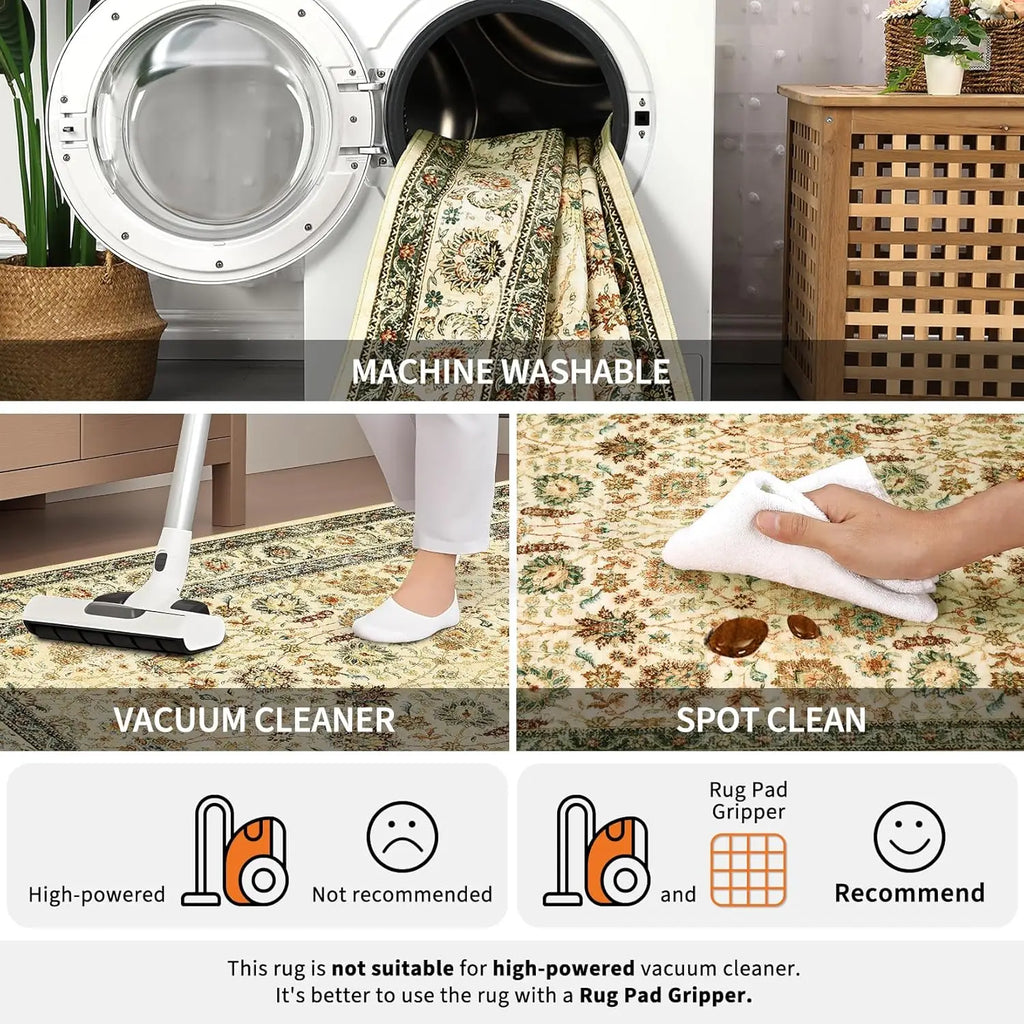 Washable Area Rug - Large Boho Rugs Floral Carpet