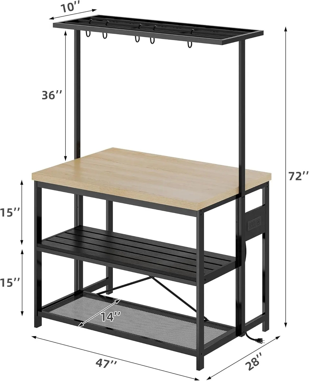Bakers Rack with Power Outlet, Island Table