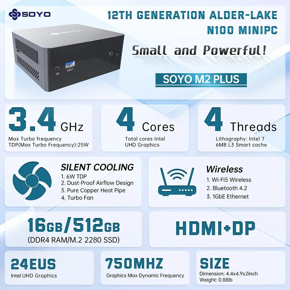 SOYO M2 Plus Mini PC Intel Alder Lake N100 Windows11 Pro 8