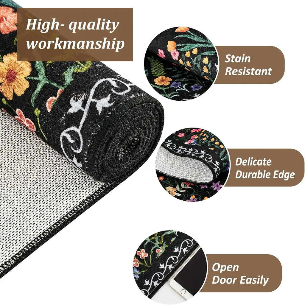 Boho Washable Floral Room Rugs, Non-Slip Soft