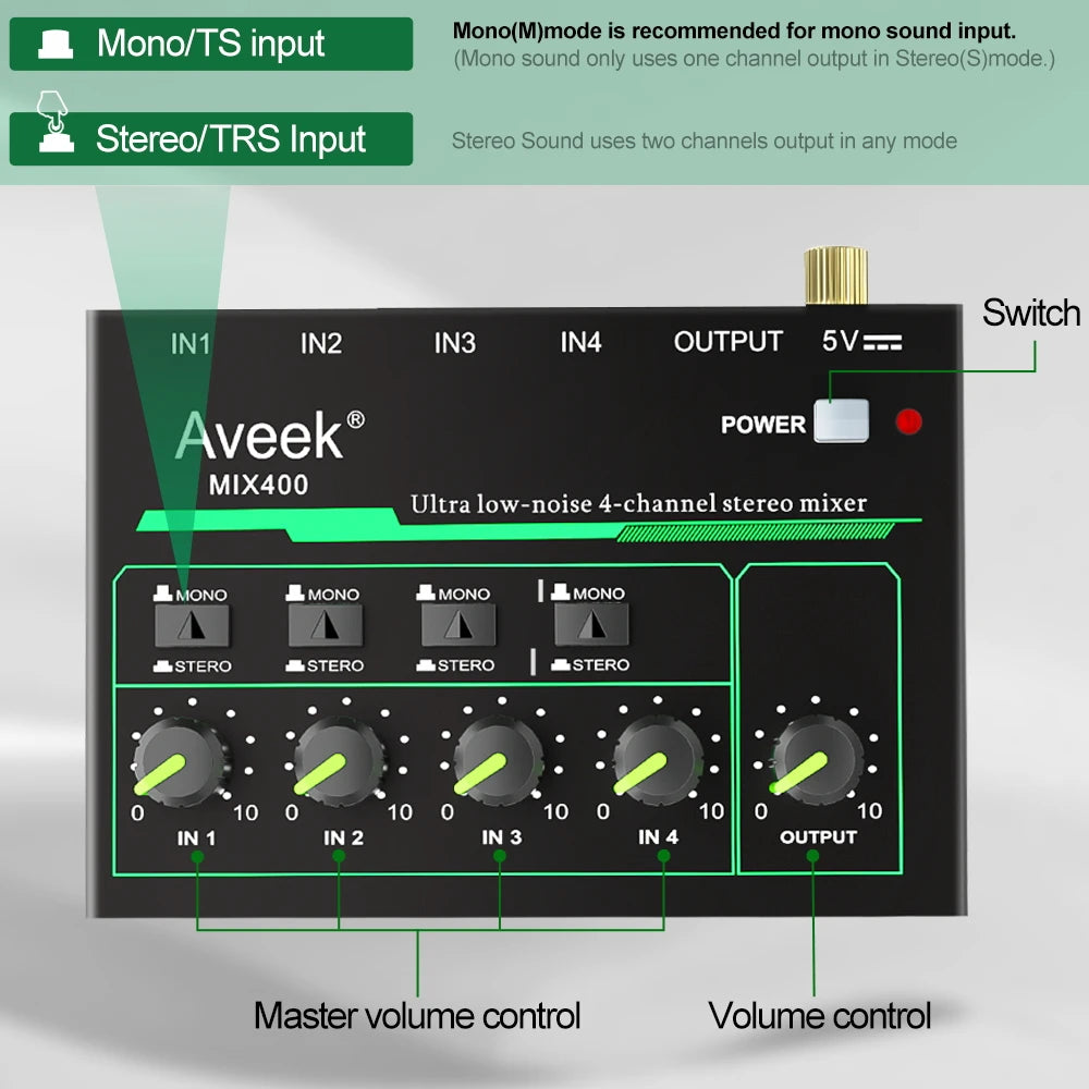 Aveek 4 Channel Mixer - Mini 4 Stereo,1/4" TRS Input/Output Ideal for Mics