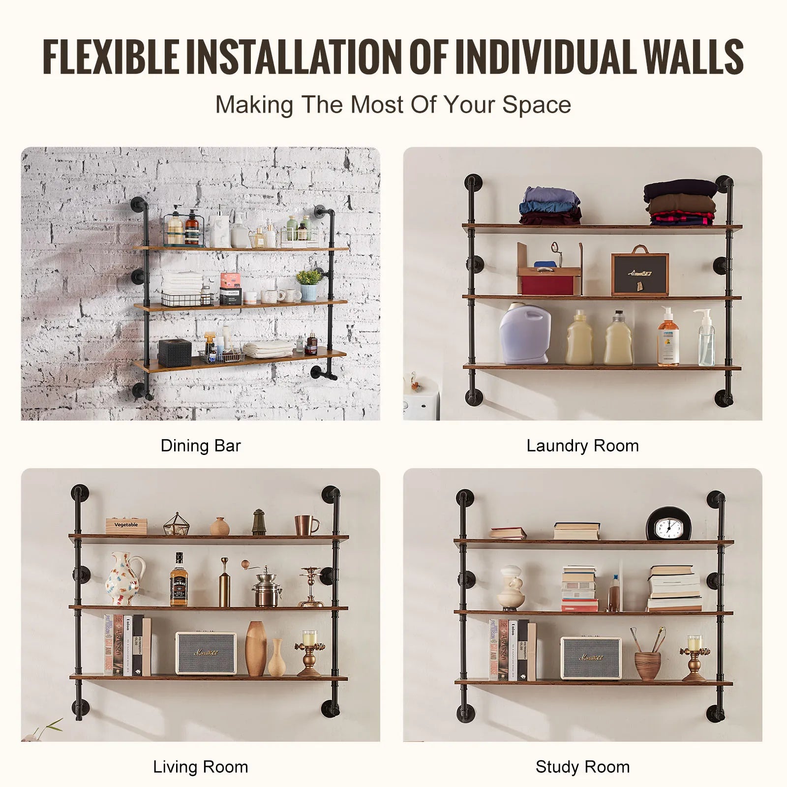 Floating Rustic Wood Shelves Bracket Storage Rack