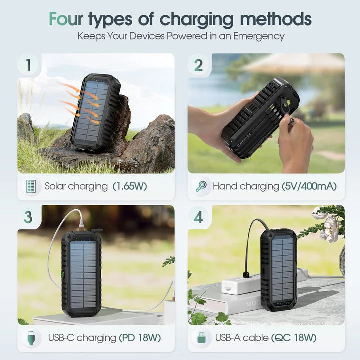 Solar Power Bank Hand Crank Built-in Compass & Leveler
