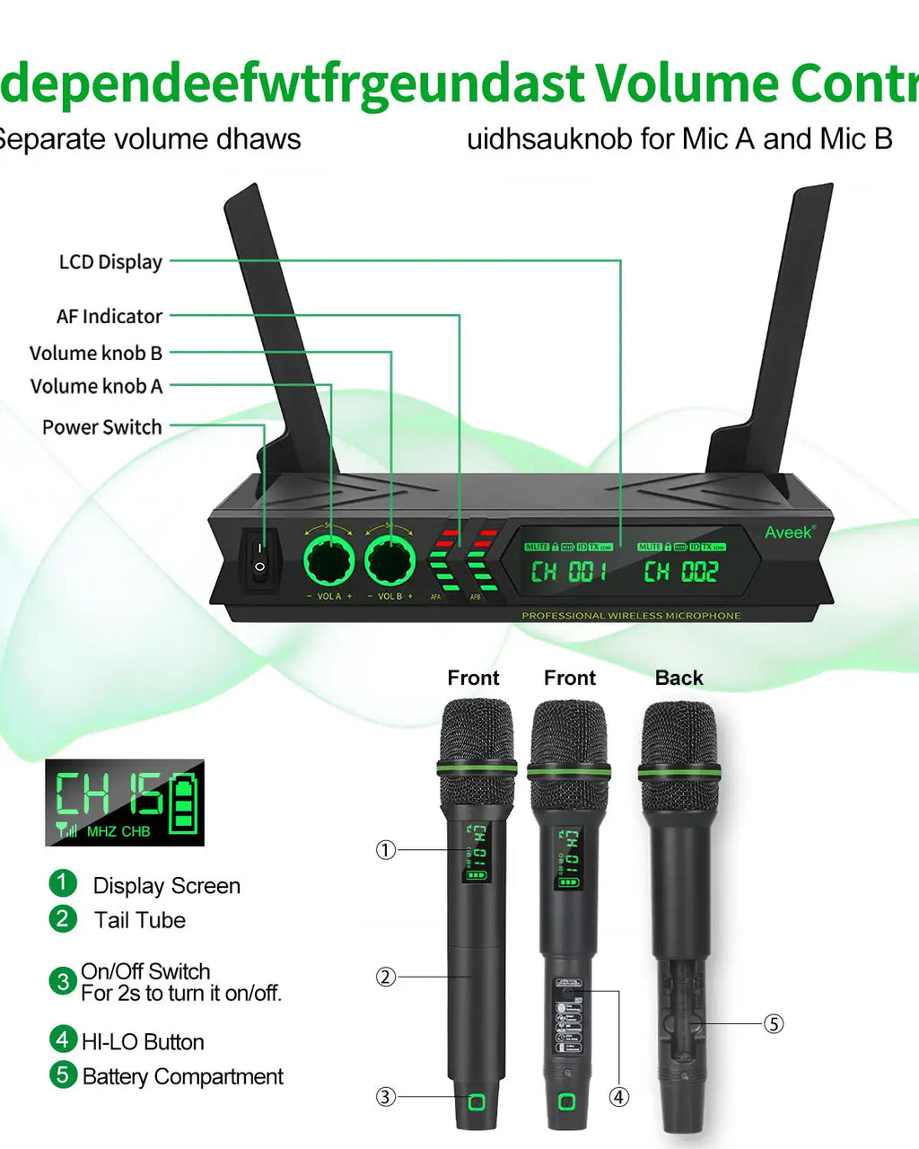 Aveek Wireless Microphone System,Dual UHF ,200ft Range