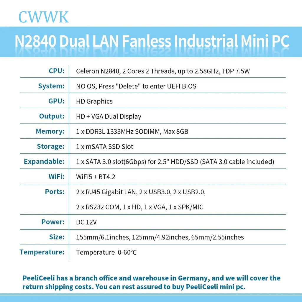 CWWK Fanless Mini PC Celeron N2840 w/8GB RAM64GB SSD
