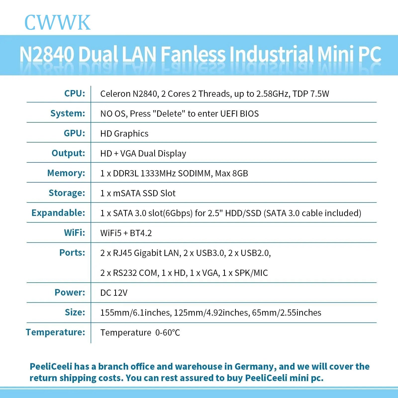 CWWK Fanless Mini PC Celeron N2840 w/8GB RAM64GB SSD