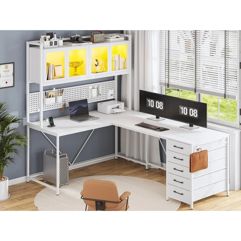 L Shaped Computer Desk with Led Lights, and Power Outlet