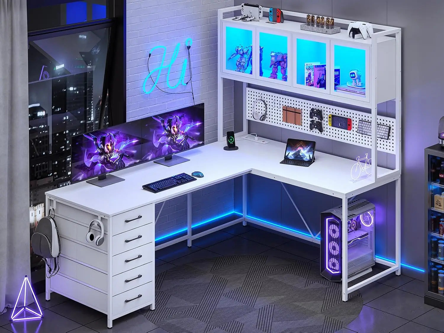 L Shaped Computer Desk with Led Lights, and Power Outlet