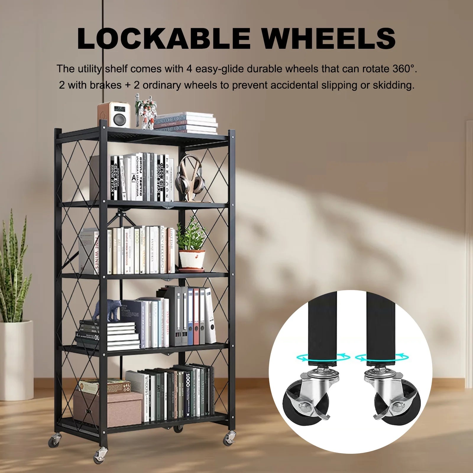 5-Tier Metal Shelf 27.9"x13.4"x62.5, Foldable Storage Rack