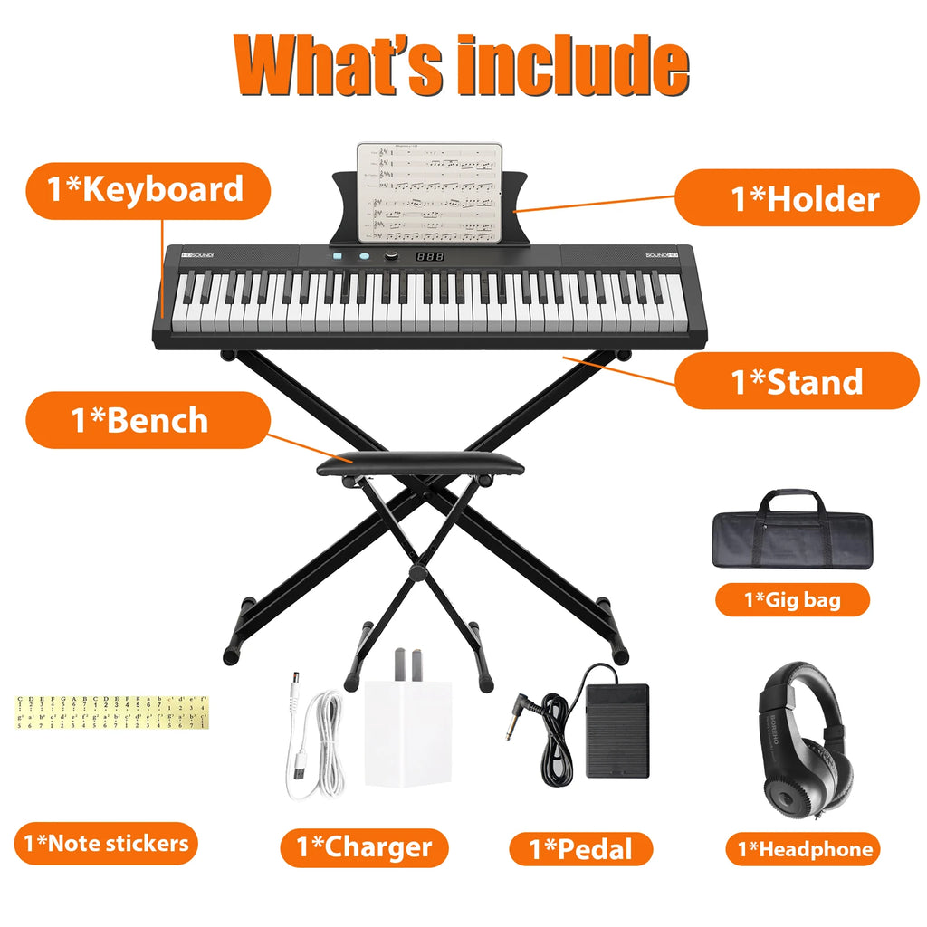 61 Key Keyboard with Stand, Piano Bench + More