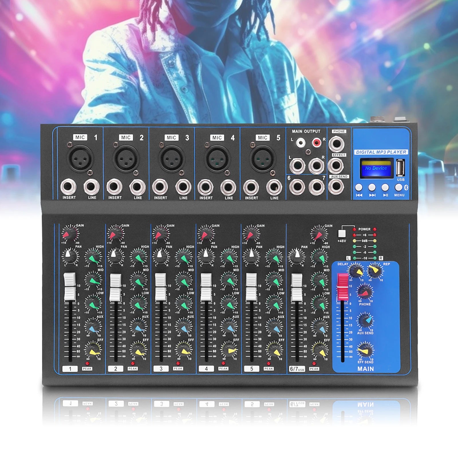 Professional 7-Channel Audio Mixer with Bluetooth