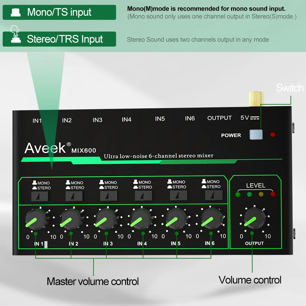 Aveek 6 Channel Mixer - Mini 6 Stereo Audio, Low-Noise