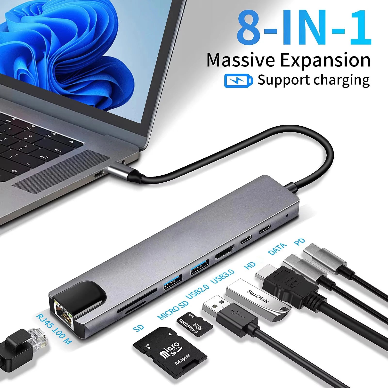 8 in 1 USB C Hub Type C to 4K Adapter Card Reader Fast Charger