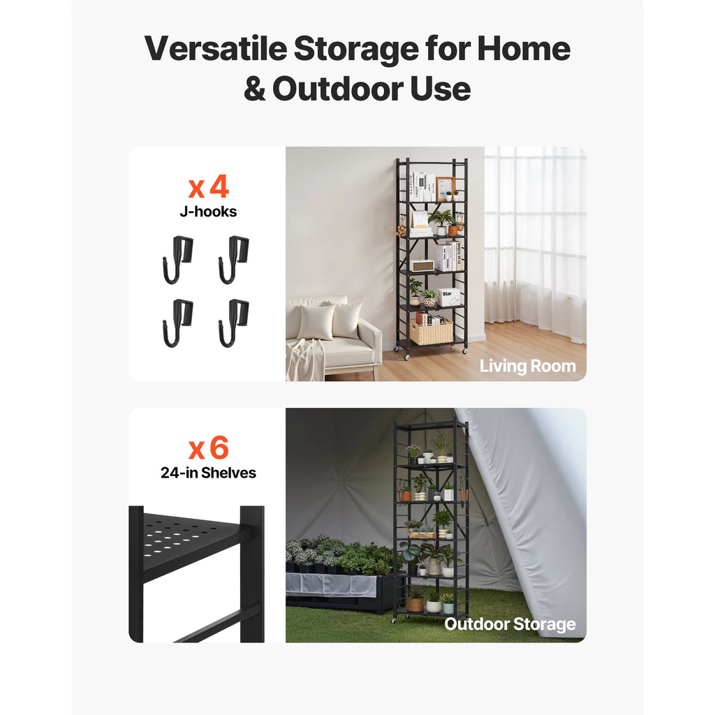 3/4/5/6 Tier Black Foldable Storage Shelf with Wheels