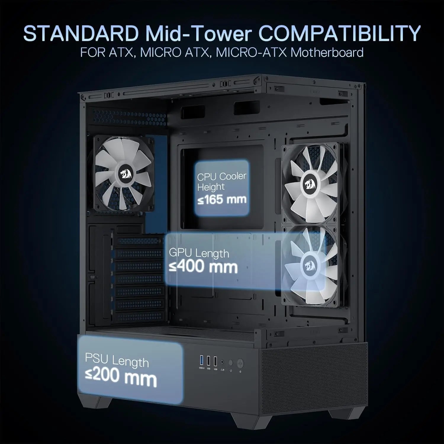 Redragon Back-Mounted ATX Computer Chassis, w/3 fans