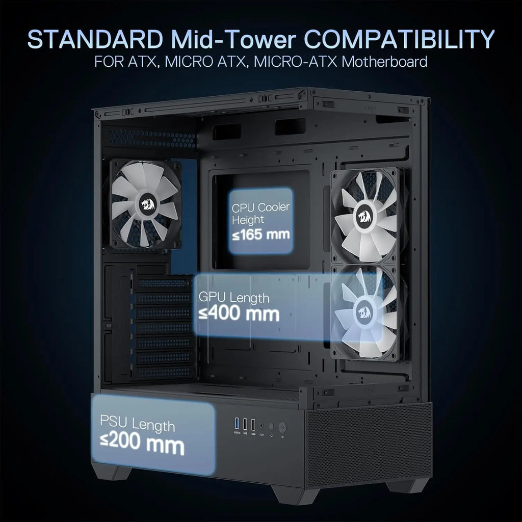 Redragon Back-Mounted ATX Computer Chassis, w/3 fans