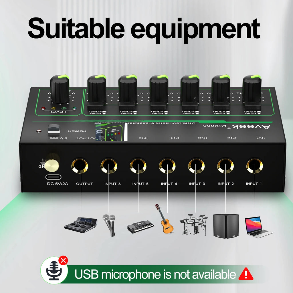 Aveek 6 Channel Mixer - Mini 6 Stereo Audio, Low-Noise