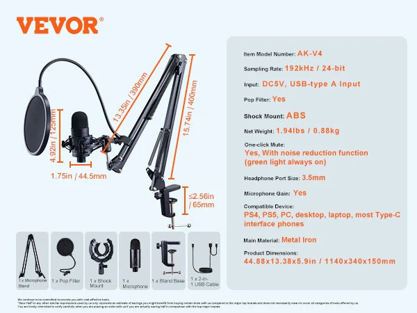 VEVOR USB Microphone 192kHz/24-bit Professional