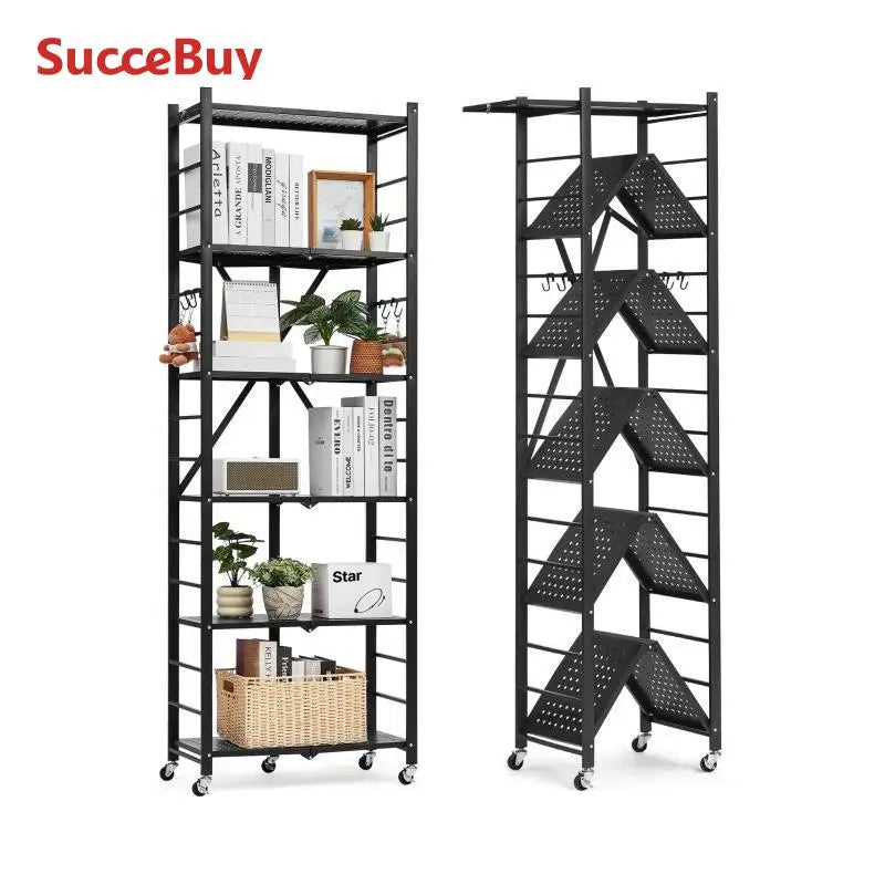 3/4/5/6 Tier Black Foldable Storage Shelf with Wheels