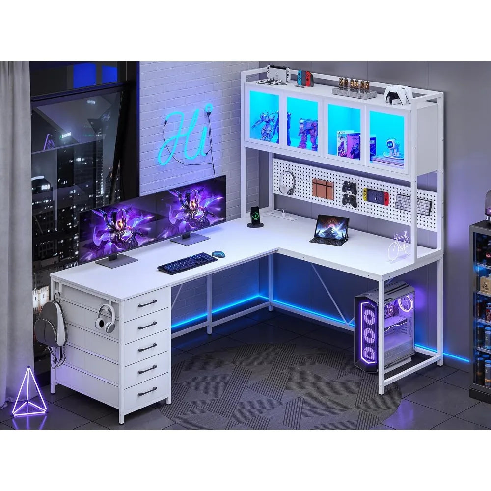 L Shaped Computer Desk with Led Lights, and Power Outlet