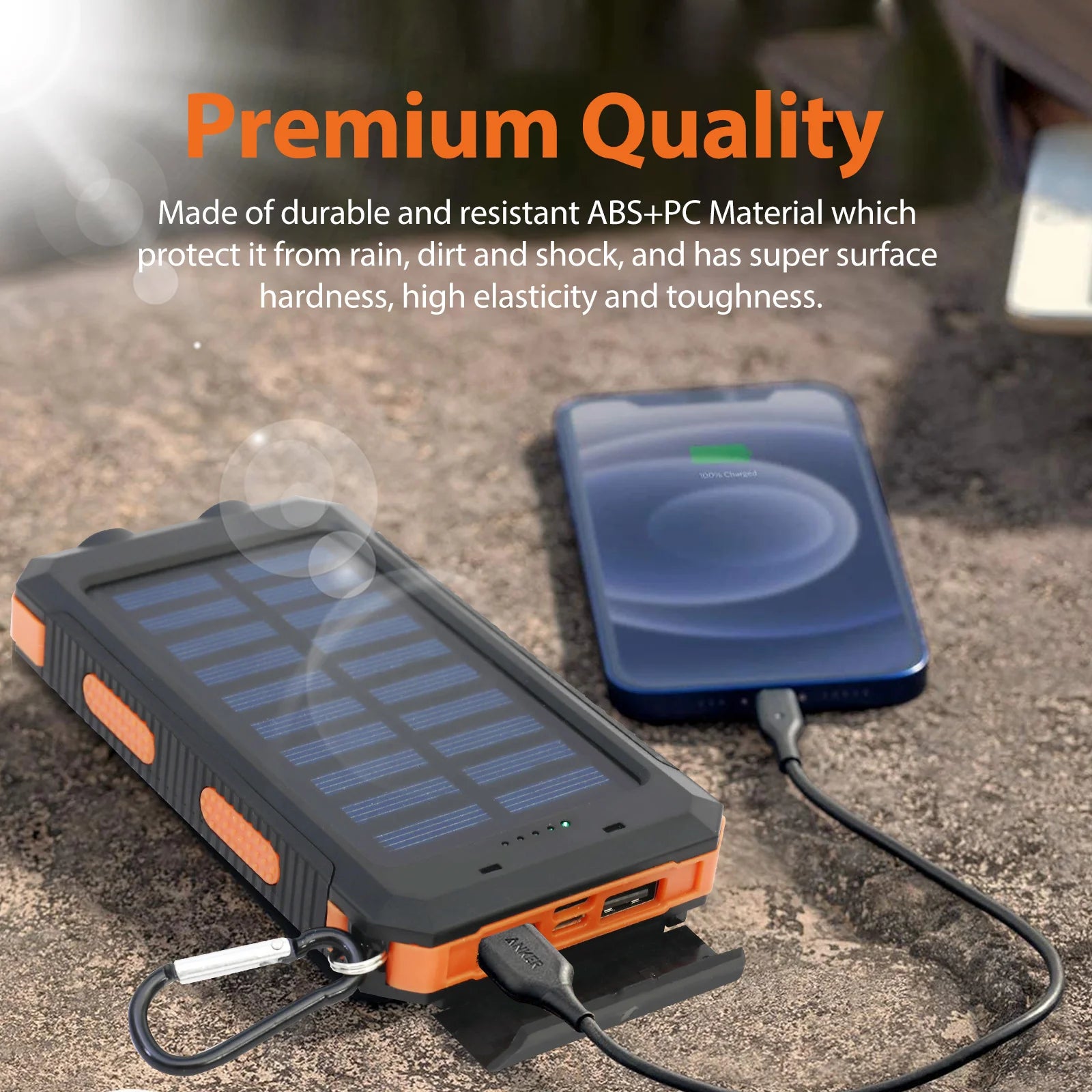 Portable Solar Charger Waterproof w/USB Ports & LED Lights,