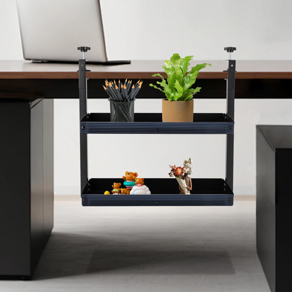 Clamp-on Under Table Corner Shelves Organizer Black