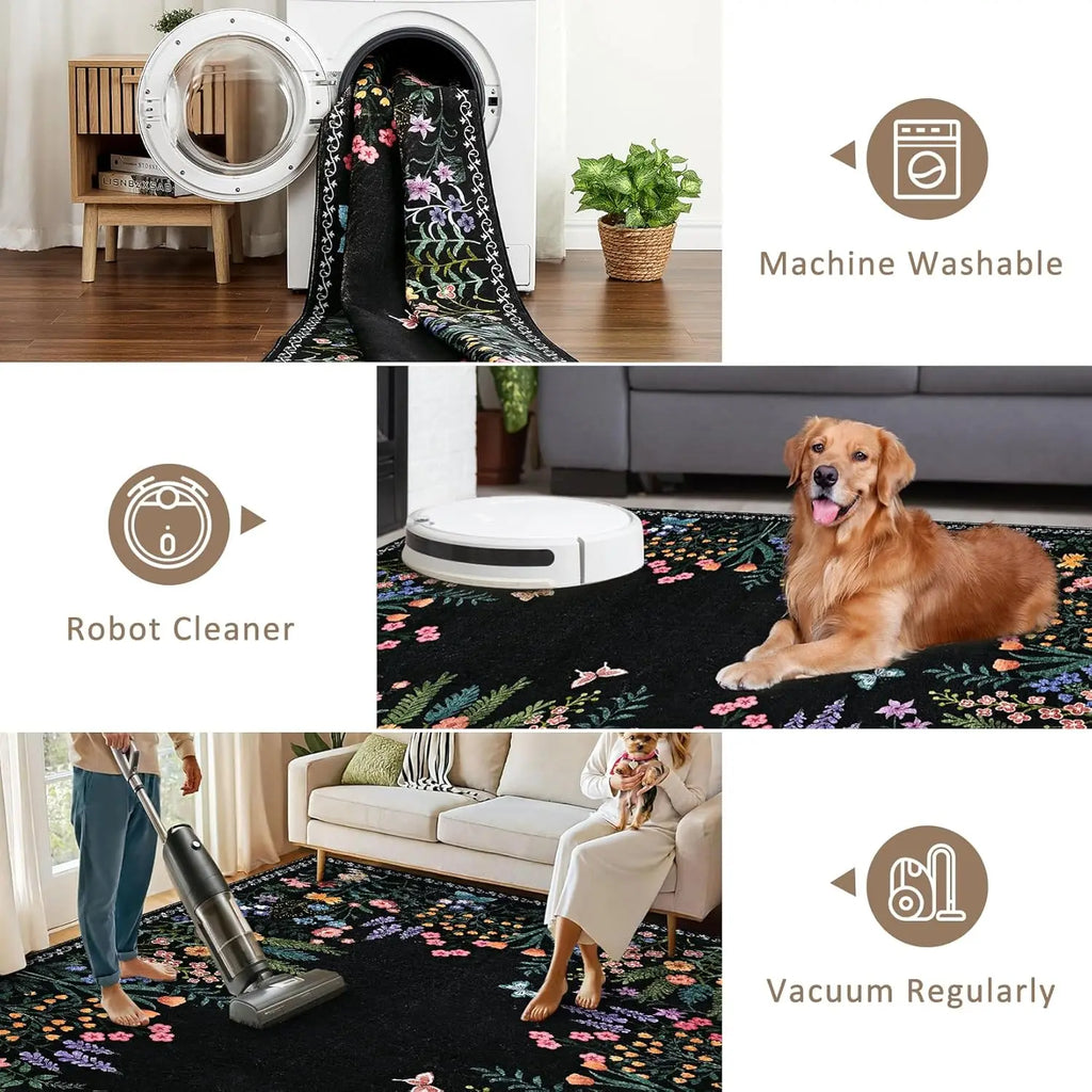 Boho Washable Floral Room Rugs, Non-Slip Soft