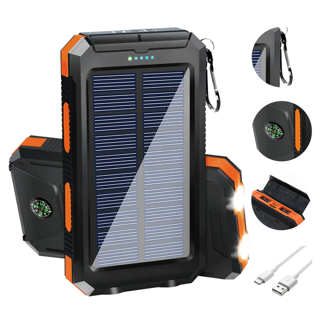 Portable Solar Charger Waterproof w/USB Ports & LED Lights,