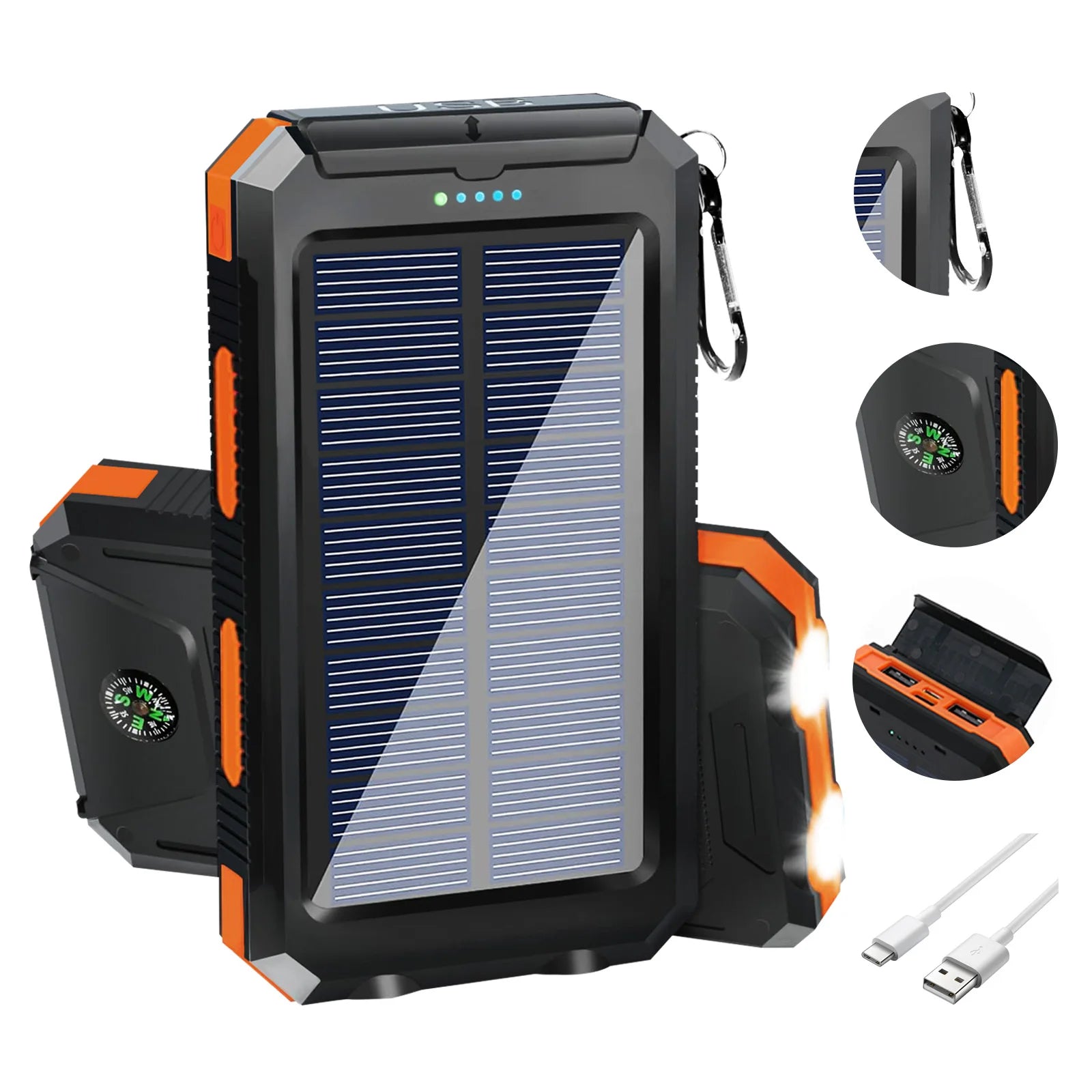 Portable Solar Charger Waterproof w/USB Ports & LED Lights,
