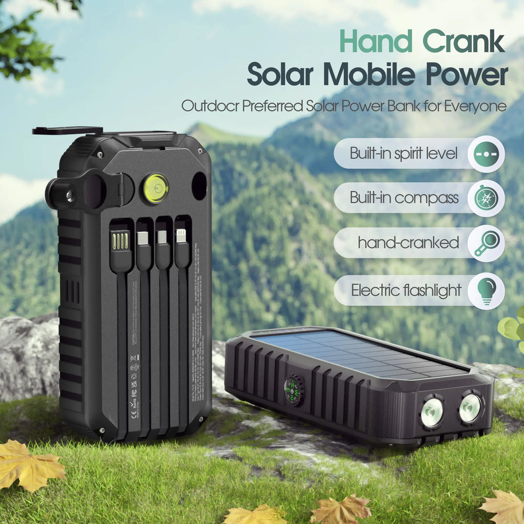 Solar Power Bank Hand Crank Built-in Compass & Leveler