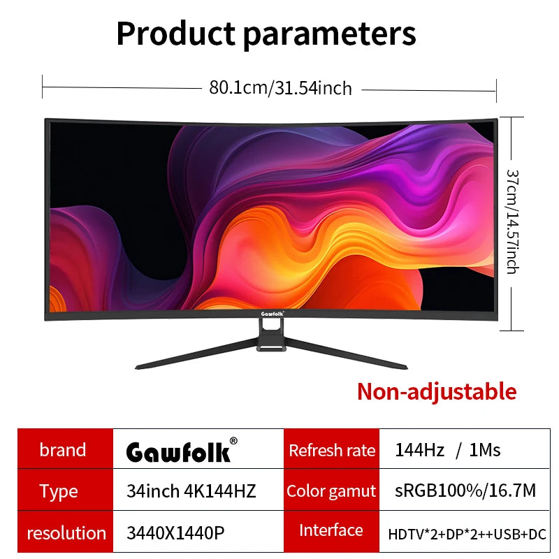Gawfolk Monitor 34'' 144Hz Bandfish Screen Curved 1500R