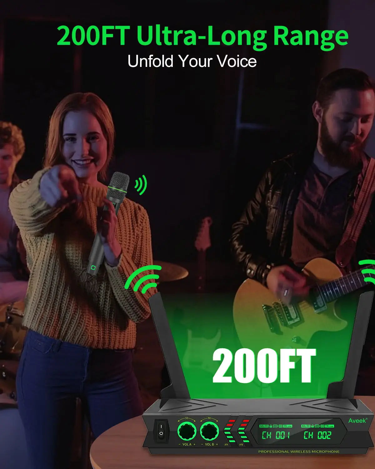 Aveek Wireless Microphone System,Dual UHF ,200ft Range