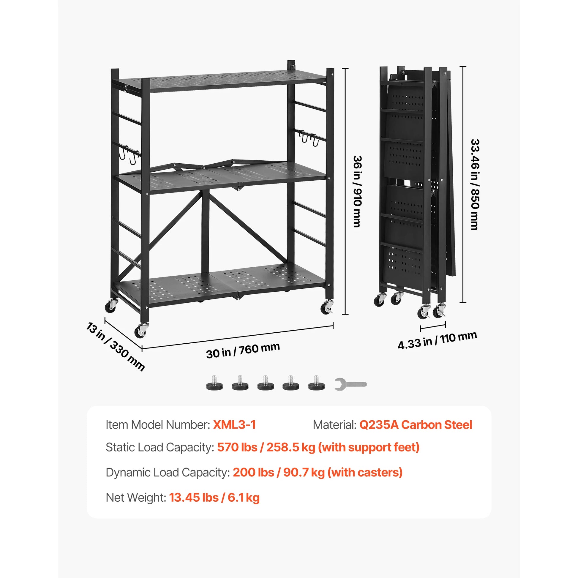 3/4/5/6 Tier Black Foldable Storage Shelf with Wheels