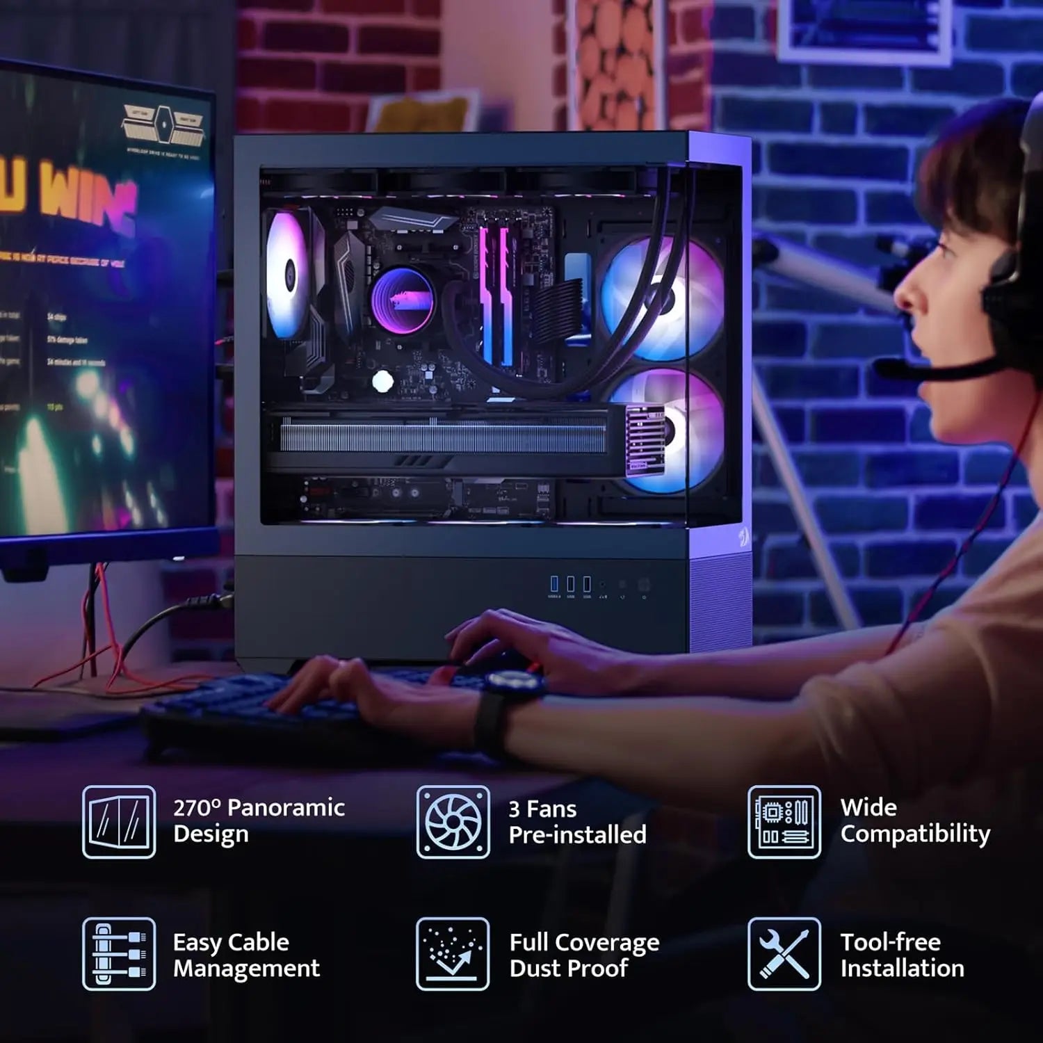 Redragon Back-Mounted ATX Computer Chassis, w/3 fans