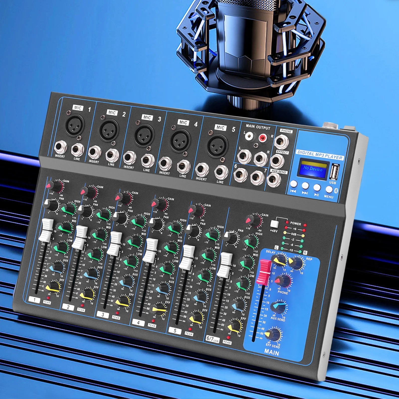 Professional 7-Channel Audio Mixer with Bluetooth