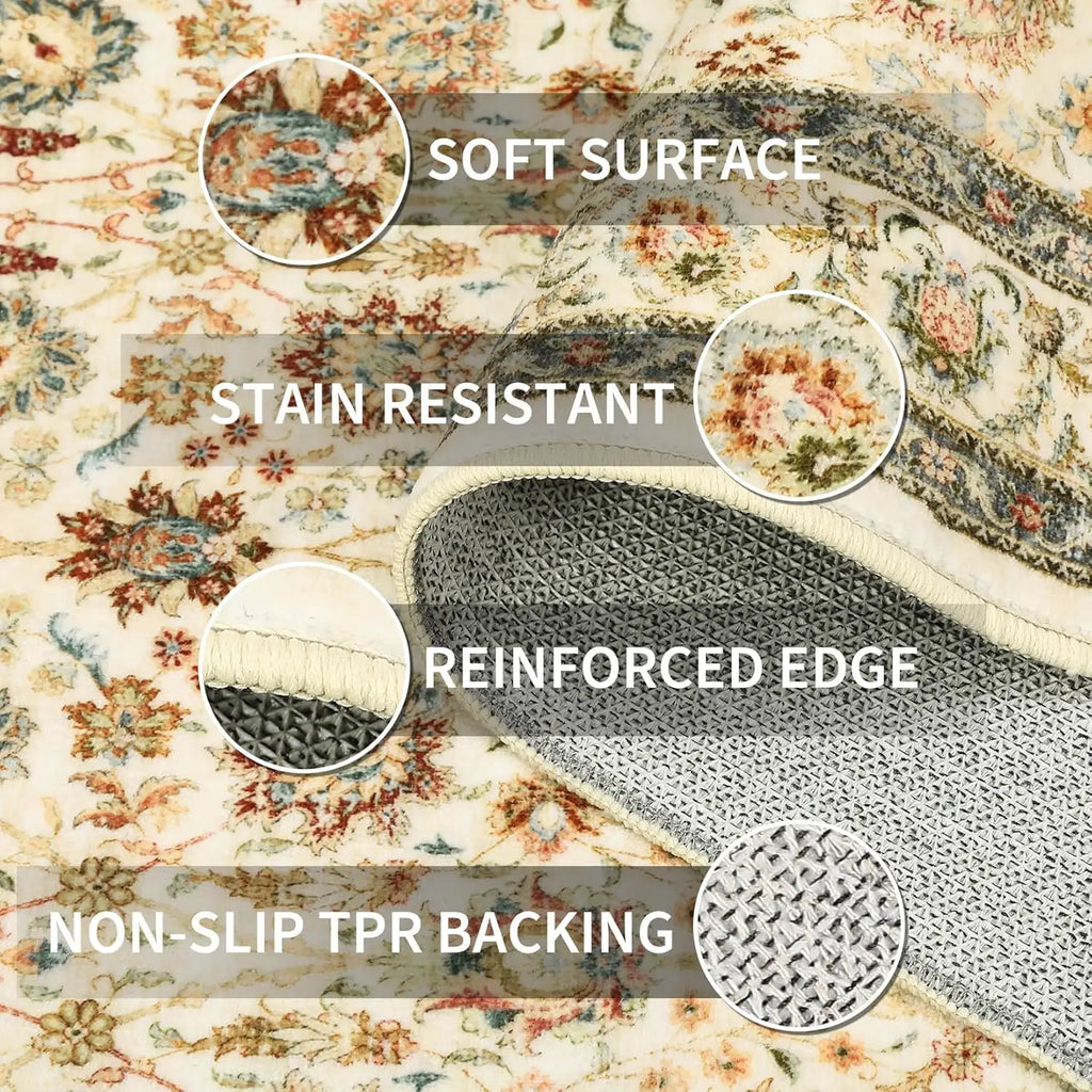 Washable Area Rug - Large Boho Rugs Floral Carpet