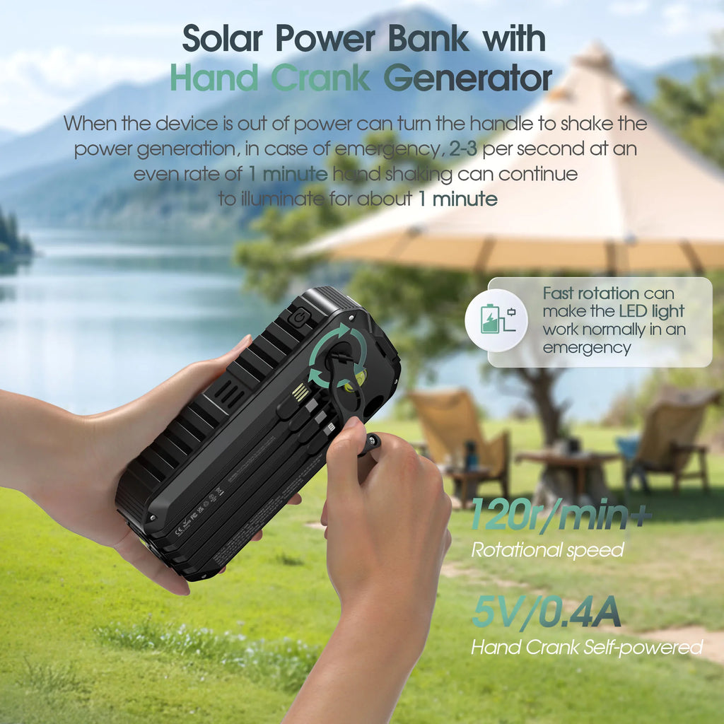Solar Power Bank Hand Crank Built-in Compass & Leveler